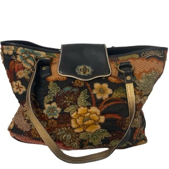 Isabella Fiore Handbags - Isabella Fiore Black and Gold Bag with Vintage Tapestry Design and beading